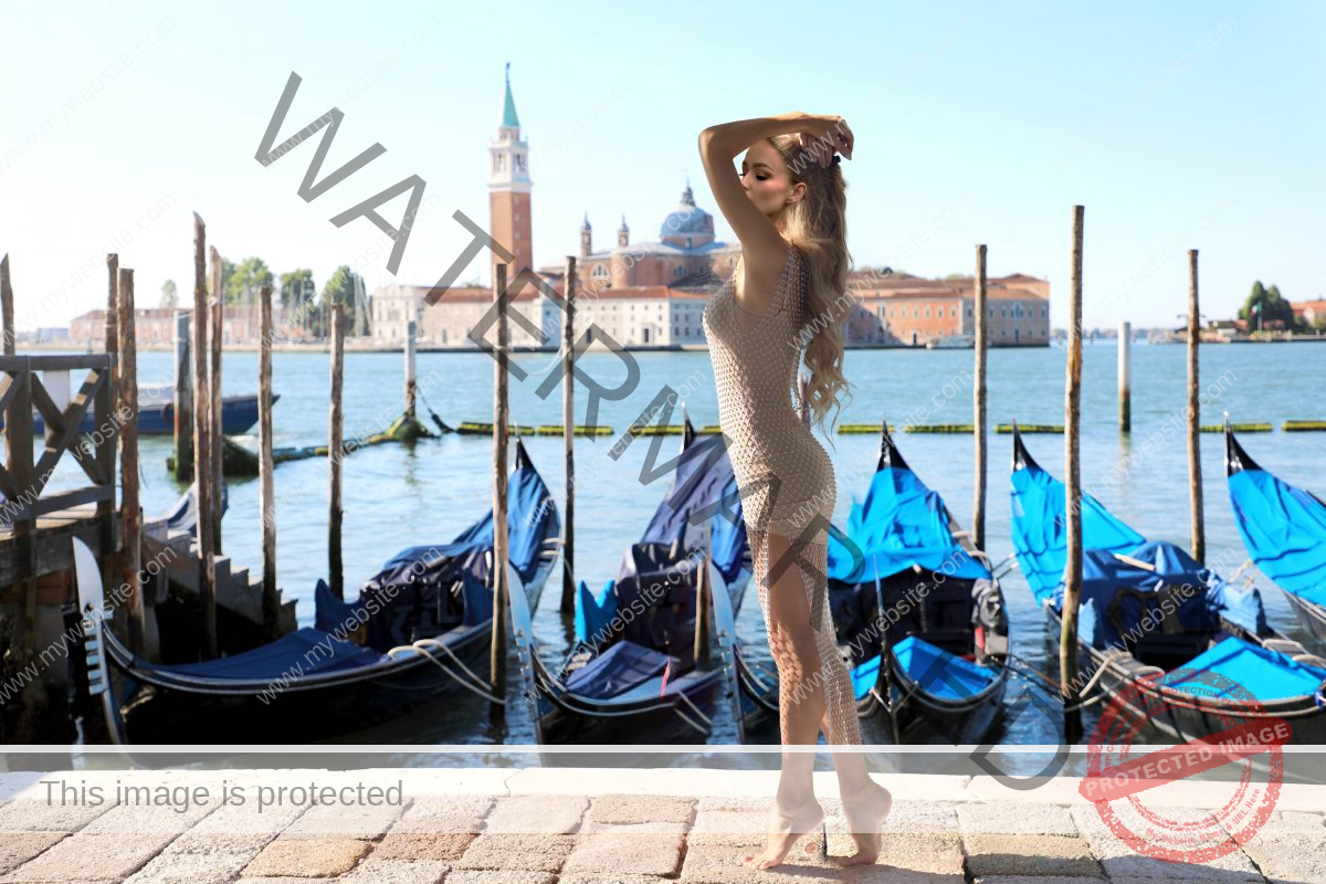 back-small-view-beautiful-natali-dress-walking-venice-with-gondolas-moored